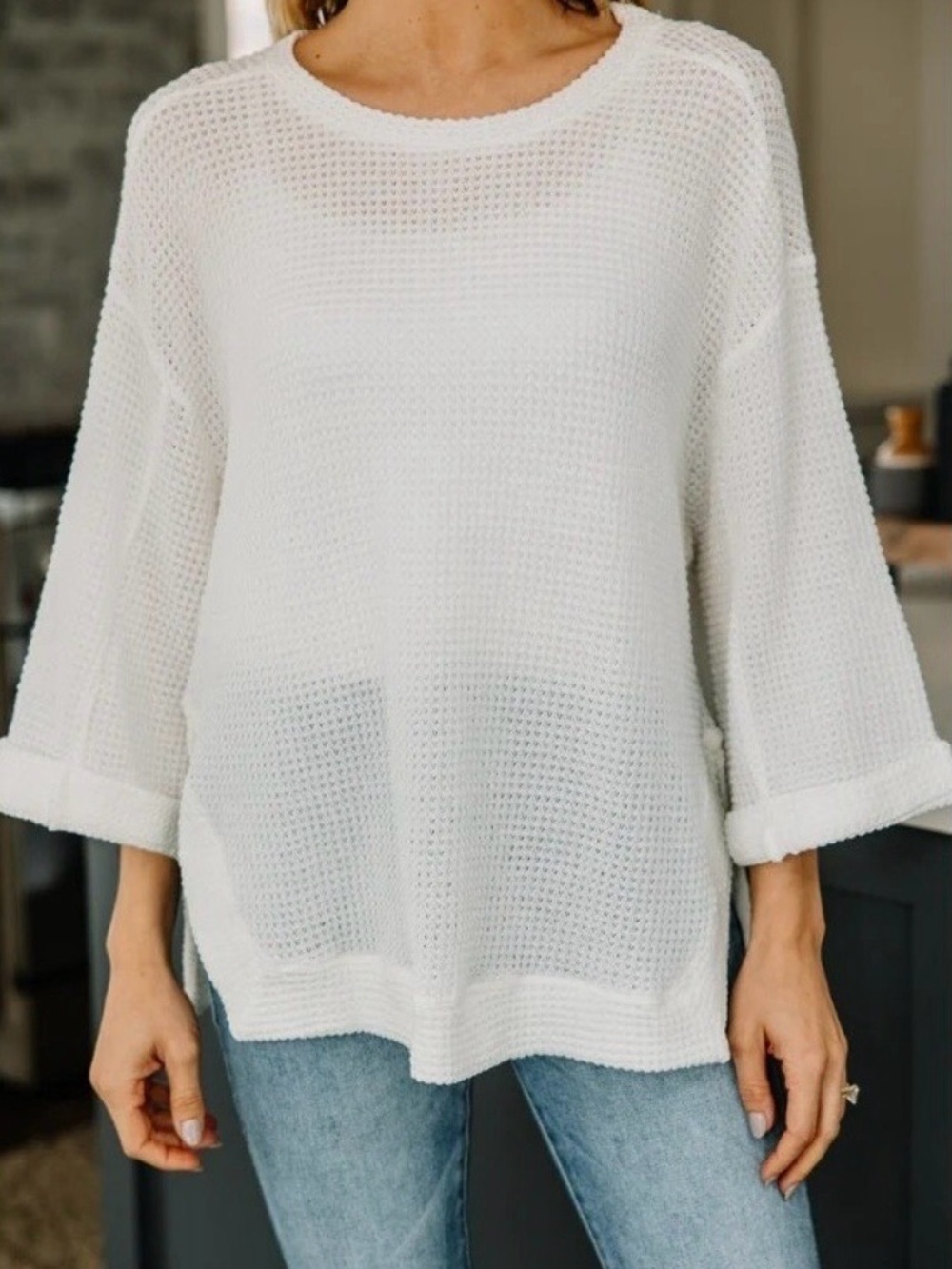 Umgee White Waffle Knit Crewneck Sweater